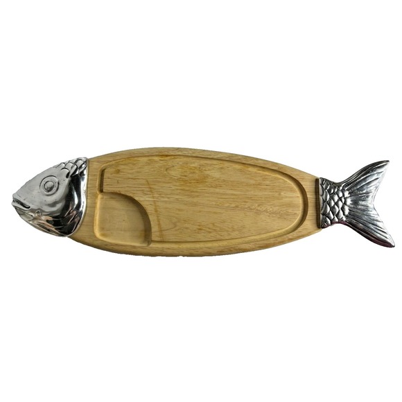 The Unbranded Brand Other - Wood Salmon Fish Shaped Charcuterie Serving Cutting Board Metal Head & Tail 23"